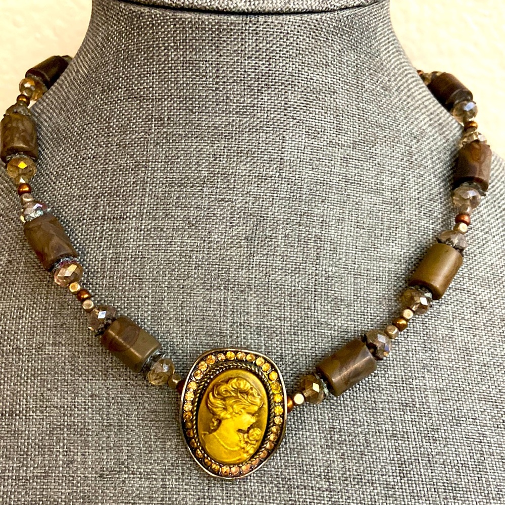 Vintage 90s Artisan Made Cameo & Stones & Glass Beaded Necklace